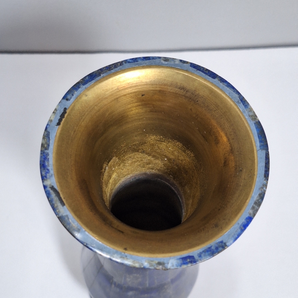 Blue Lapis Lazuli Handmade Brass Lined Natural Gemstone Inlay Vase Cobalt Unique - Picture 11 of 15